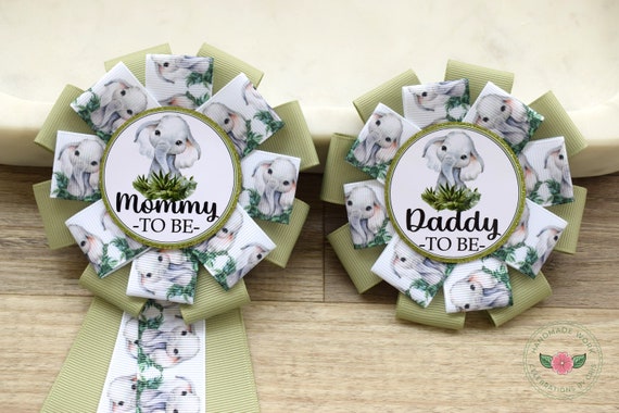 Elephant Safari Baby Shower, Jungle Safari Animal Mommy To Be Ribbon Pin, Gender Reveal Animal Daddy To Be Badge Pin