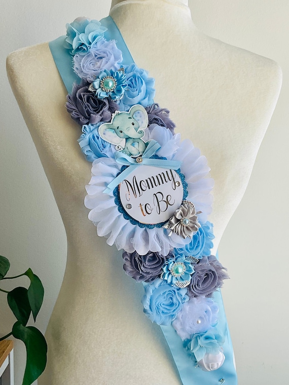 Boy Blue Elephant Shoulder Sash, Elephant Baby Shower, Blue Shoulder Ribbon, Blue Elephant Crossbody Sash, Flower Shoulder Sash, Custom