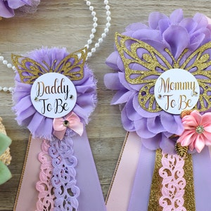 Pink Lavender Butterfly Baby Shower, Butterfly Maternity Belly Sash, Pink Lilac Gold Butterfly Mommy To Be Ribbon, Daddy To Be Pin, Custom