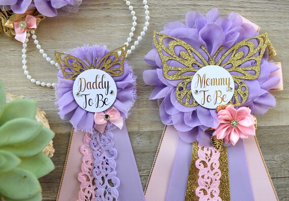 Pink Lavender Butterfly Baby Shower, Butterfly Maternity Belly Sash, Pink Lilac Gold Butterfly Mommy To Be Ribbon, Daddy To Be Pin, Custom