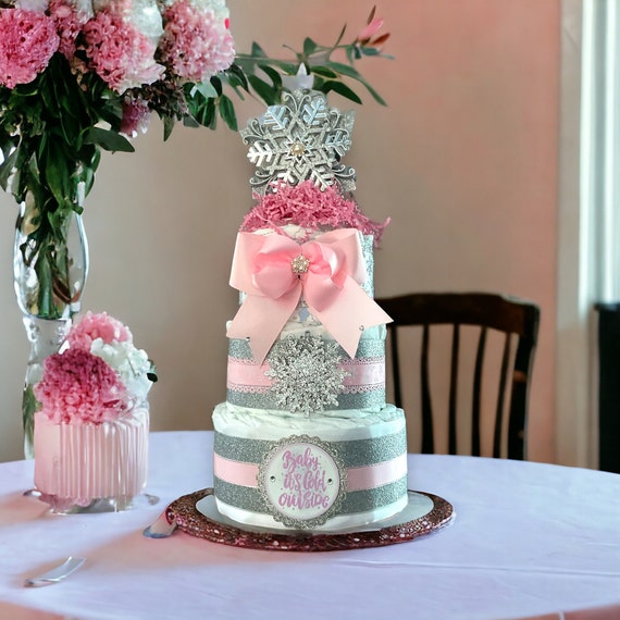 Girl Snowflake Baby Shower, White Pink Silver Diaper Cake, Baby Shower Centerpieces Decorations, Room Nursery Decor, New Mom Gifts - S00011