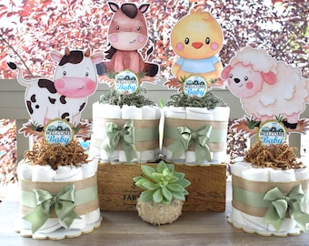 Farm Animal Mini Diaper Cake Set, Gender Reveal Barn Baby Shower, Baby Shower Centerpieces Decorations, Room Nursery, New Mom Gifts - S0008