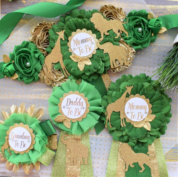 Safari Green Gold Flower Sash, Gold Safari Animals Maternity Sash, Mommy To Be Pin, Daddy To Be Pin, Baby Shower Gift, Custom Order Welcome