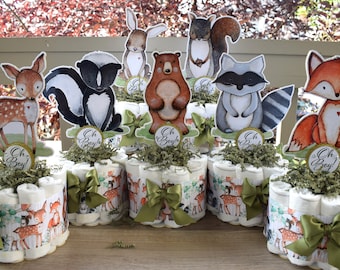 Woodland Mini Diaper Cake Set Baby Shower, Décorations de centres de table Woodland, Décor de chambre de fille et de garçon, Cadeaux de nouvelle maman - S0005