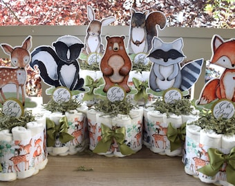 Woodland Mini Diaper Cake Set Baby Shower, Woodland Centerpieces Decorations, Girl and Boy New Mom Gifts  II Set of 4 Mini Diaper Cakes