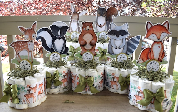 Woodland Mini Diaper Cake Set Baby Shower, Woodland Centerpieces Decorations, Girl and Boy New Mom Gifts  II Set of 4 Mini Diaper Cakes