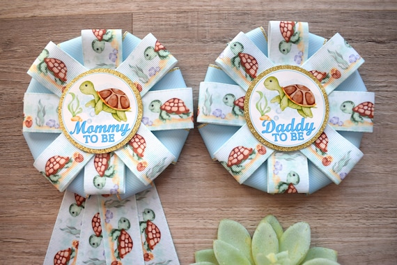 Turtle Under The Sea Baby Shower, Turtle Aqua Blue Mommy To Be Ribbon Pin, Under The Sea Daddy To Be Badge