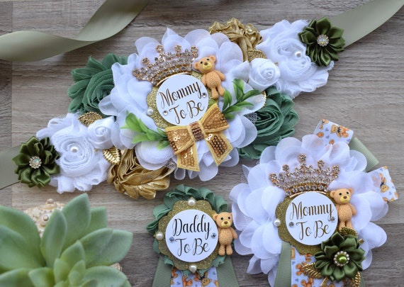 Bear Greenery Baby Shower, Bear Green White Gold Belly Sash, Bear Greenery Mommy To Be & Daddy To Be, Greenery Baby Shower Maternity Sash