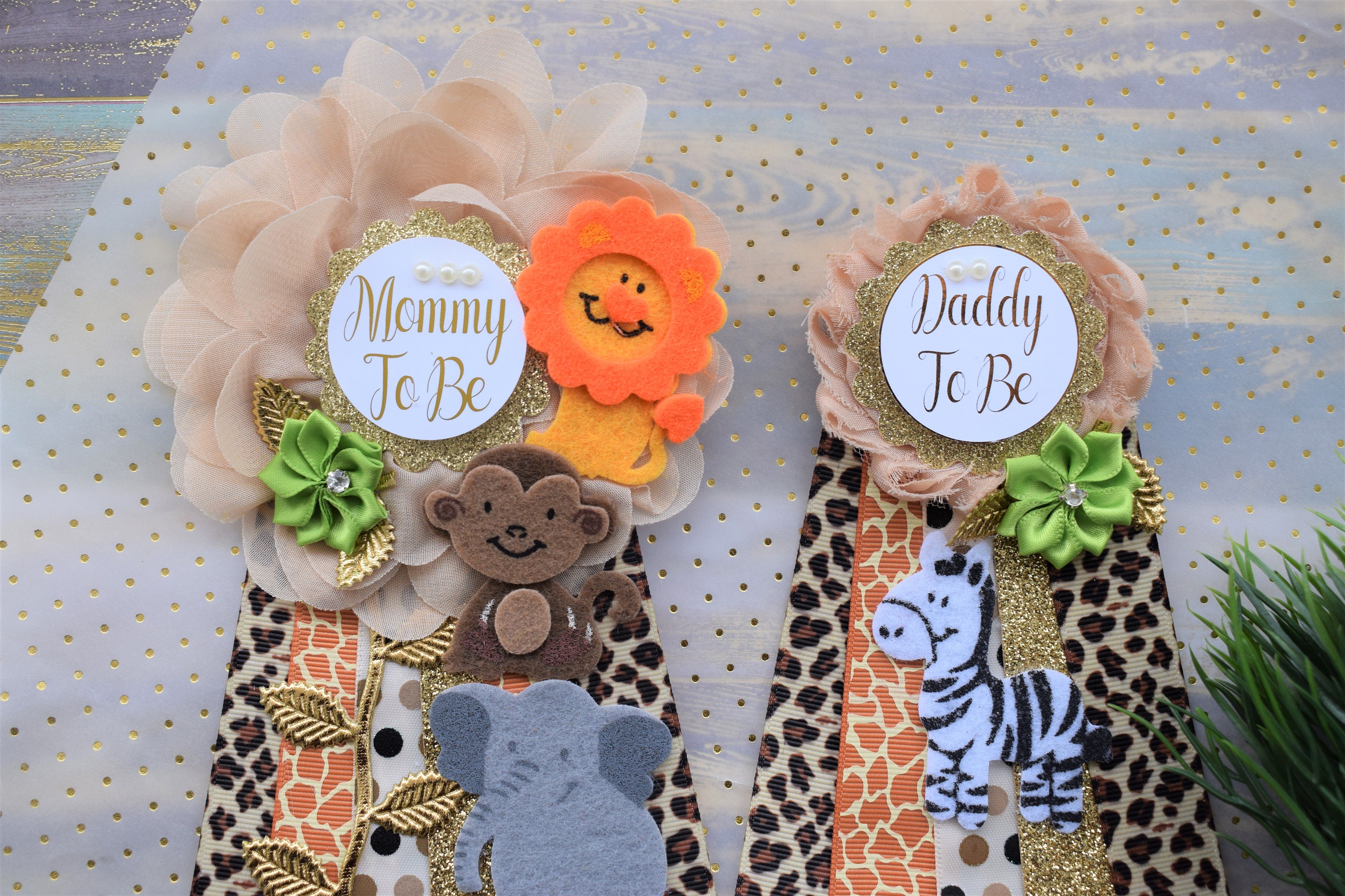 Safari Baby Shower Safari Jungle Corsage Pin Flower Sash Set Safari Mommy Pin Safari Flower Sash Safari Corsage Pin Safari Shower Etsy