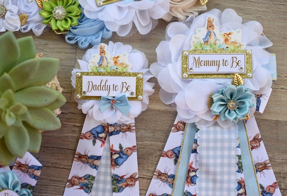 Boy Rabbit Baby Shower, Boy Blue Rabbit Mommy to Be Pin, Blue Green Rabbit Shower, Rabbit Mommy Corsage Pin