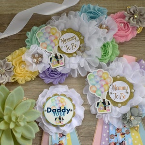 Hot Air Balloon Baby Shower, Blue Yellow Purple Maternity Sash, Up Baby Shower, Mommy to Be Ribbon, Daddy to Be Pin, Multicolor Air Balloon
