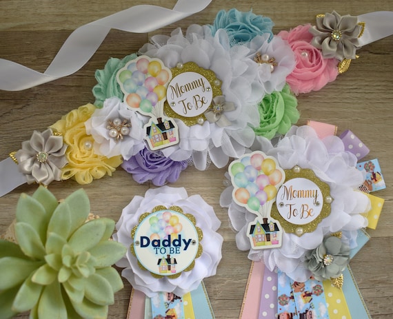 Hot Air Balloon Baby Shower, Blue Yellow Purple Maternity Sash, Up Baby Shower, Mommy to Be Ribbon, Daddy to Be Pin, Multicolor Air Balloon