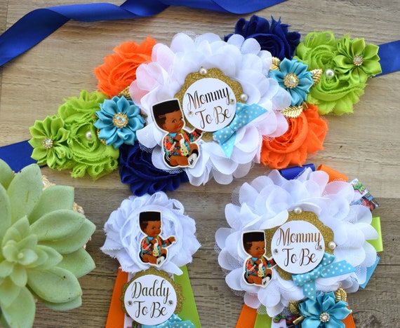 Baby Boy Prince Fresh Baby Shower, Prince Maternity Sash, Mommy To Be Ribbon Pin, Daddy To Be Ribbon, Orange Green Blue, Baby Shower Gift