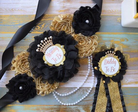 Black Gold Prince Flower Sash, Black  Gold Maternity Sash, Black Gold Pregnant Sash, Mommy and Daddy To Be, Black Prince Baby Shower, Custom