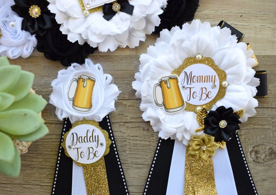 A Baby Is Brewing Baby Shower, Black White Gold Maternity Sash, Beer Mommy To Be Pin, Brewing Daddy To Be Pin, Gender Reveal Baby Shower