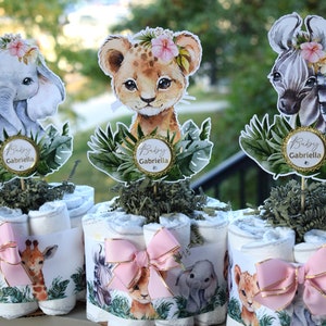 Jungle Safari Mini Diaper Cake Baby Shower, Baby Shower Centerpieces Decorations, Girls Room Nursery Decor, New Mom Gifts - S0002