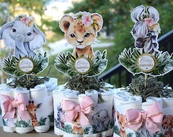 Jungle Safari Mini Diaper Cake Baby Shower, Baby Shower Centerpieces Decorations, Girls Room Nursery Decor, New Mom Gifts - S0002