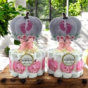 Girl Pumpkin Mini Diaper Cake Baby Shower, Pink Girl Pumpkin Baby Shower Centerpieces Decorations, Girly Shower Party Decor, New Mom Gifts