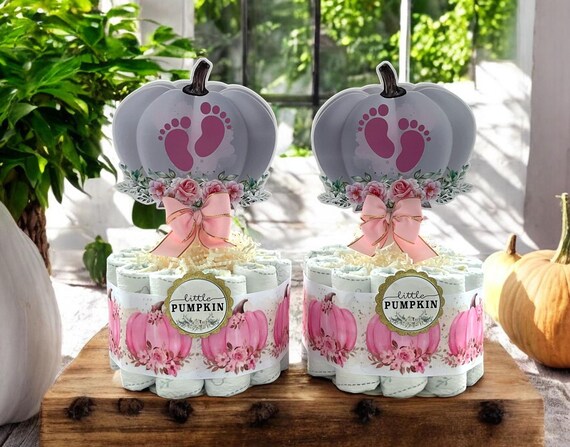 Girl Pumpkin Mini Diaper Cake Baby Shower, Pink Girl Pumpkin Baby Shower Centerpieces Decorations, Girly Shower Party Decor, New Mom Gifts