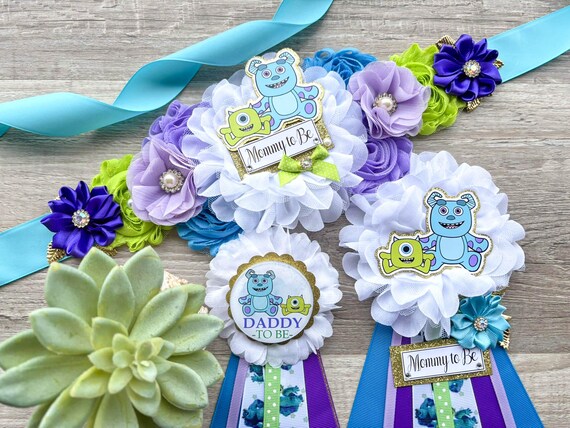 Baby Monster Baby Shower, Purple Green Blue Maternity Sash, Mommy To Be Pin Ribbon, Daddy To Be Pin, Baby Shower Gift, Custom