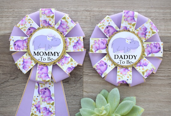 Girl Hippo Baby Shower, Hippo Mommy To Be Ribbon Pin, Hippo Gender Reveal Animal Daddy To Be Badge Pin, Parent's To Be Pin