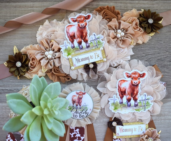 Highland Cow Baby Shower, Rustic Tan Brown Cowboy Maternity Sash, Gender Reveal Highland Mommy To Be, Daddy To Be Pin, Cow Corsage Pin