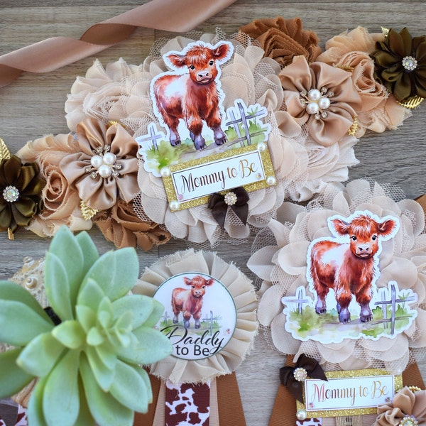 Highland Cow Baby Shower, Rustic Tan Brown Cowboy Maternity Sash, Gender Reveal Highland Mommy To Be, Daddy To Be Pin, Cow Corsage Pin