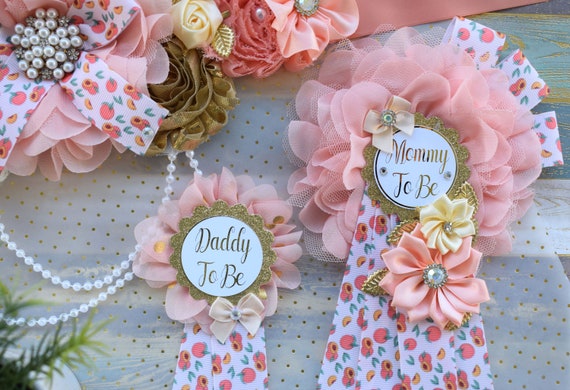 A Little Peach Baby Shower, Peach Flower Sash, Fruit Peach Maternity Sash, A Little Cutie Coral Pregnant, Gold Coral Ivory Flower Sash