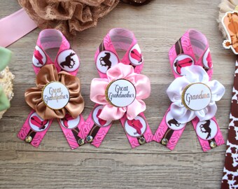 Pink Cowgirl Baby Shower, Pink Cowgirl Maternity Sash, Cowgirl Mommy and Daddy To Be Pin, Pink Brown Flower Sash, Girl Boot Hat Corsage Pin