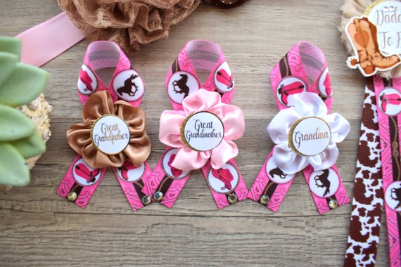 Pink Cowgirl Baby Shower, Pink Cowgirl Maternity Sash, Cowgirl Mommy and Daddy To Be Pin, Pink Brown Flower Sash, Girl Boot Hat Corsage Pin