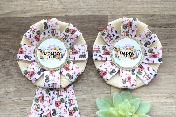 Neutral Farm Barn Animal Baby Shower, Cow Sheep Horse Mommy To Be Ribbon Pin, Daddy To Be Ribbon Pin, Baby Shower Gift, New Parent's Pins