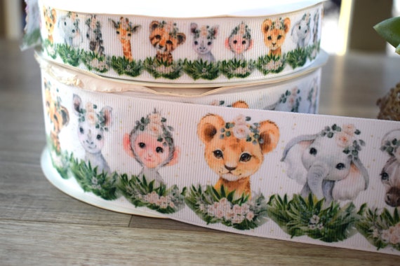 White Flower Safari Ribbon, Diaper Cake Ribbon, Pink Girl Baby Safari Ribbon, Safari Jungle || 3 Yards of Ribbon - 1" (25mm) / 2" (50mm)