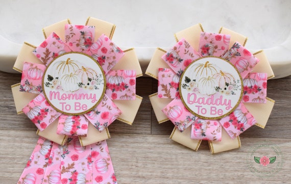 Girl Pumpkin Baby Shower, Light Pink Mommy To Be Ribbon Pin, Pumpkin Daddy To Be Pin, Big Sister Pin, Big Brother Pin
