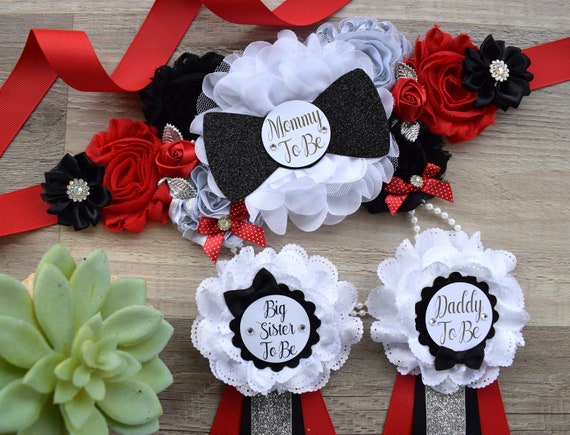 Bowtie Baby Shower, Red Black White Little Man Maternity Sash, Bowtie Little Gentleman, Red Bowtie Daddy To Be Pin, Baby Shower Gift, Custom