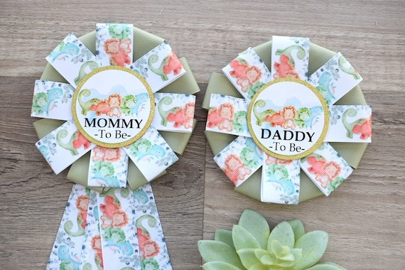 Boho Boy Dinosaur Baby Shower, Neutral Gender Reveal Dinosaur Corsage Pin, Dinosaur Mommy to Be Ribbon Pin, Dinosaur Daddy to Be Pin