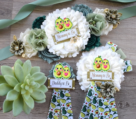 Holy Guacamole Avocado Baby Shower, Green Ivory Gold Maternity Sash, Avocado Baby Shower, Avocado Mommy To Be Ribbon Pin, Daddy To Be Pin