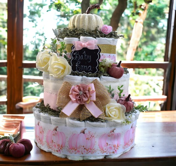 3 Tier Girl Pumpkin Diaper Cake Baby Shower, Pumpkin Baby Shower Centerpieces Decorations, Girl Pinki Shower Party Decor, New Mom Gifts