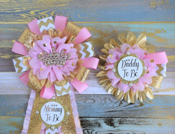 Pink Gold Princess Corsage Pin, Pink Gold Princess Pin, Mommy and Daddy to Be Corsage, Pink & Gold Royal Princess Baby Shower, Custom Set