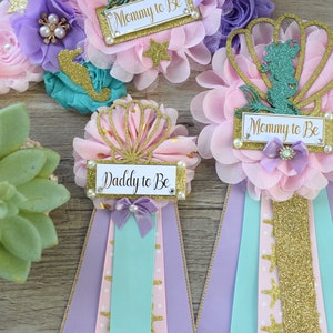 Little Mermaid Baby Shower, Pink Aqua Purple Maternity Sash, Mermaid Mommy To Be Ribbon, Mermaid Daddy To Be Pin, Custom