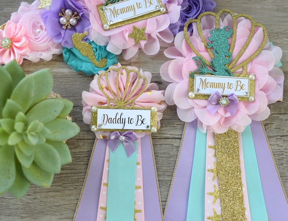 Little Mermaid Baby Shower, Pink Aqua Purple Maternity Sash, Mermaid Mommy To Be Ribbon, Mermaid Daddy To Be Pin, Custom