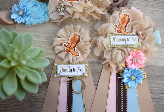 Gender Reveal Cowboy Baby Shower, Blue Pink Cowboy Maternity Sash, Boy Girl Cowboy Mommy To Be Ribbon, Daddy To Be Pin, Boot Hat Corsage Pin