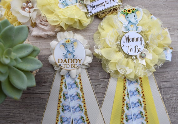 Sunflower Elephant Baby Shower, Yellow Ivory Flower Corsage Pin, Mommy To Be, Daddy To Be, Gender Reveal Sunflower Baby Shower, Sunflower