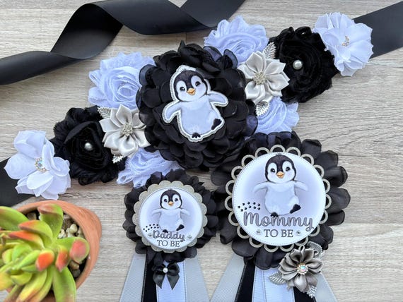 Penguin Baby Shower Set, Black and White Penguin Maternity Sash and Pin, Neutral Penguin Mom To Be Corsage, Daddy To Be Pin, Custom Welcome