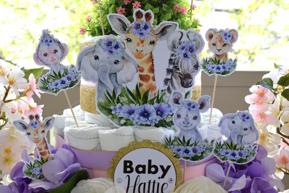 Girl Jungle Safari Mini Diaper Cake Baby Shower, Girl Baby Shower Centerpieces Decorations, Girls Room Nursery Decor, New Mom Gifts - S0001