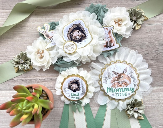 Winter Woodland Baby Shower, Snow Woodland Maternity Sash, Woodland Mommy To Be Pin, Daddy To Be Pin, Baby Shower Gift, Custom Order Welcome