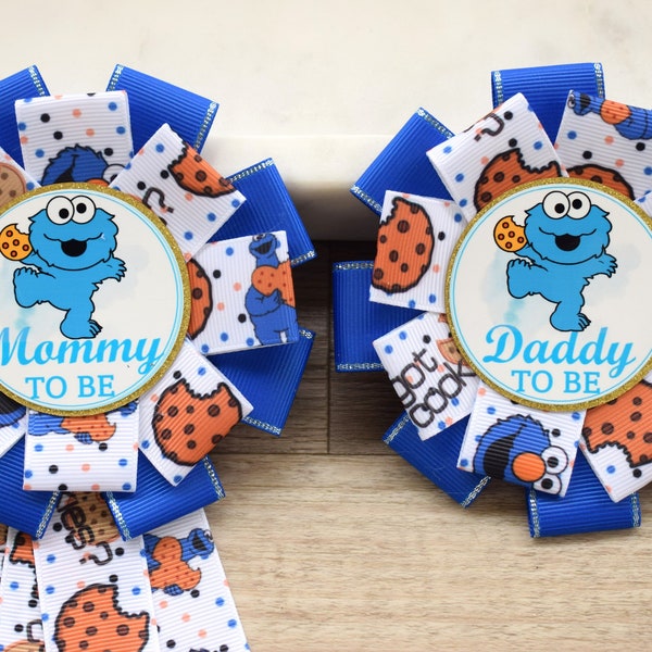 Monster Cookie Baby Shower, Royal Blue White Mommy To Be Ribbon Pin, Daddy To Be Pin, Parent's To Be Pin, Custom