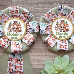 Neutral Animal Woodland Baby Shower, Fox Woodland Mommy To Be Corsage Pin, Woodland Daddy To Be Pin, Woodland Animal Shower