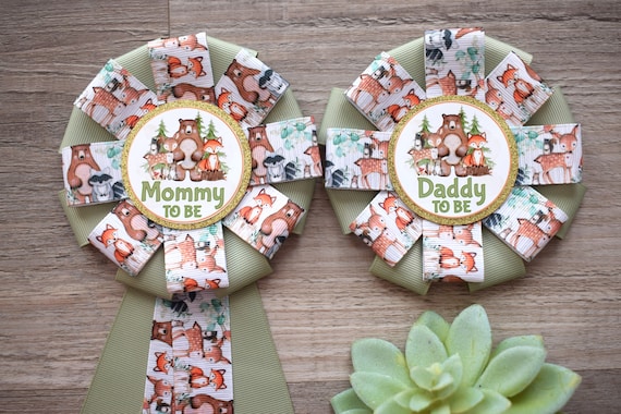 Neutral Animal Woodland Baby Shower, Fox Woodland Mommy To Be Corsage Pin, Woodland Daddy To Be Pin, Woodland Animal Shower