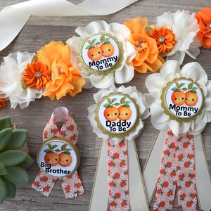 Two Little Cuties Are On The Way Baby Shower, Fruit Orange Maternity Sash, Mommy To Be Ribbon Pin, Daddy To Be , Baby Shower Gift