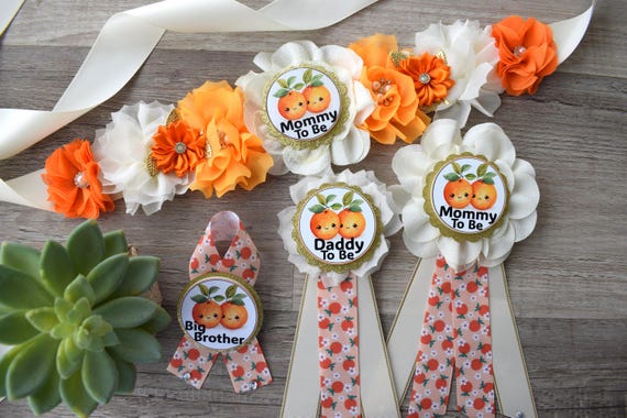 Two Little Cuties Are On The Way Baby Shower, Fruit Orange Maternity Sash, Mommy To Be Ribbon Pin, Daddy To Be , Baby Shower Gift